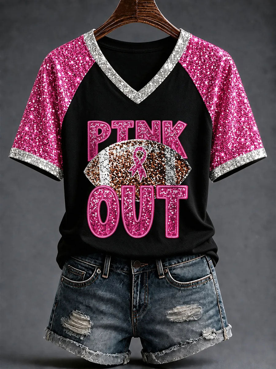 Women's Pink Out Football Breast Cancer Awareness V-neck T-shirt