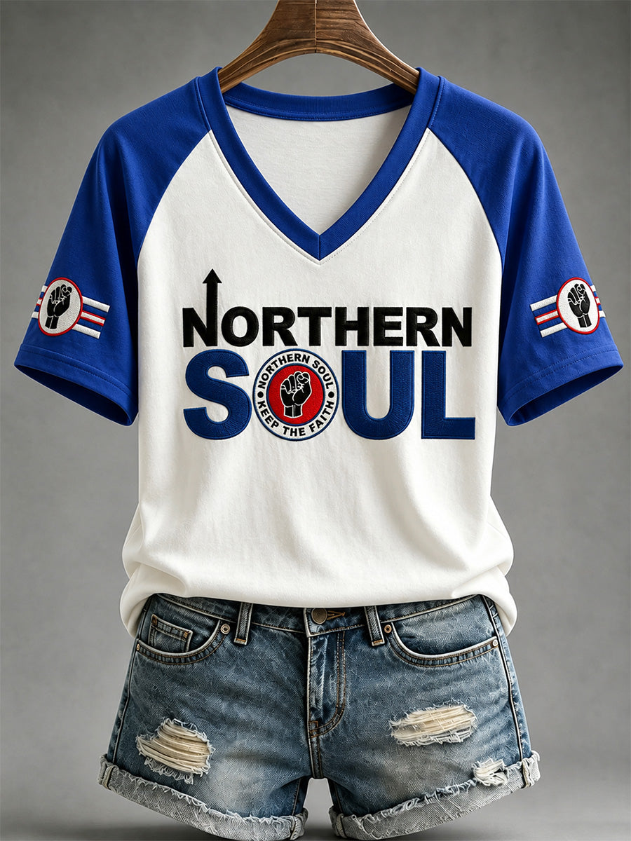 Women's Northern Soul Print Casual V-Neck Tee