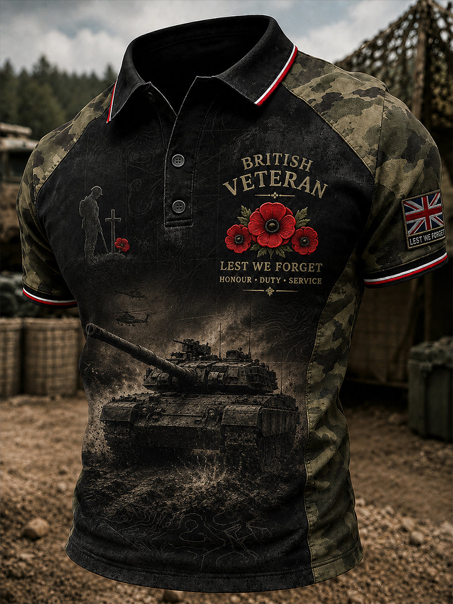 Men's Short-Sleeve Polo Shirt with Vintage Military Veteran Commemorative Print