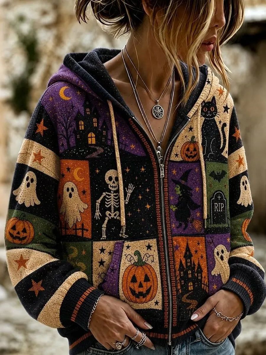 Women's Retro Halloween Black Cat Patchwork Zip-Up Hoodie