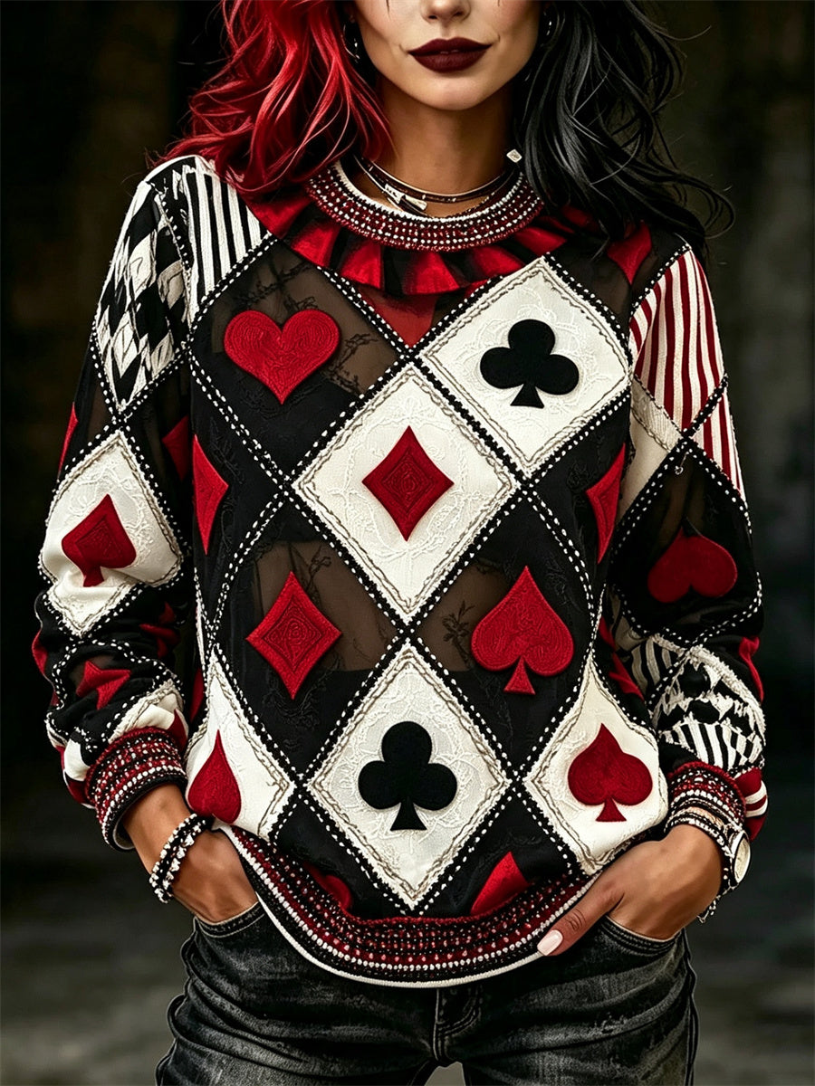 Women's Vintage Jester Inspired Poker Diamond Pattern Print Sweatshirt
