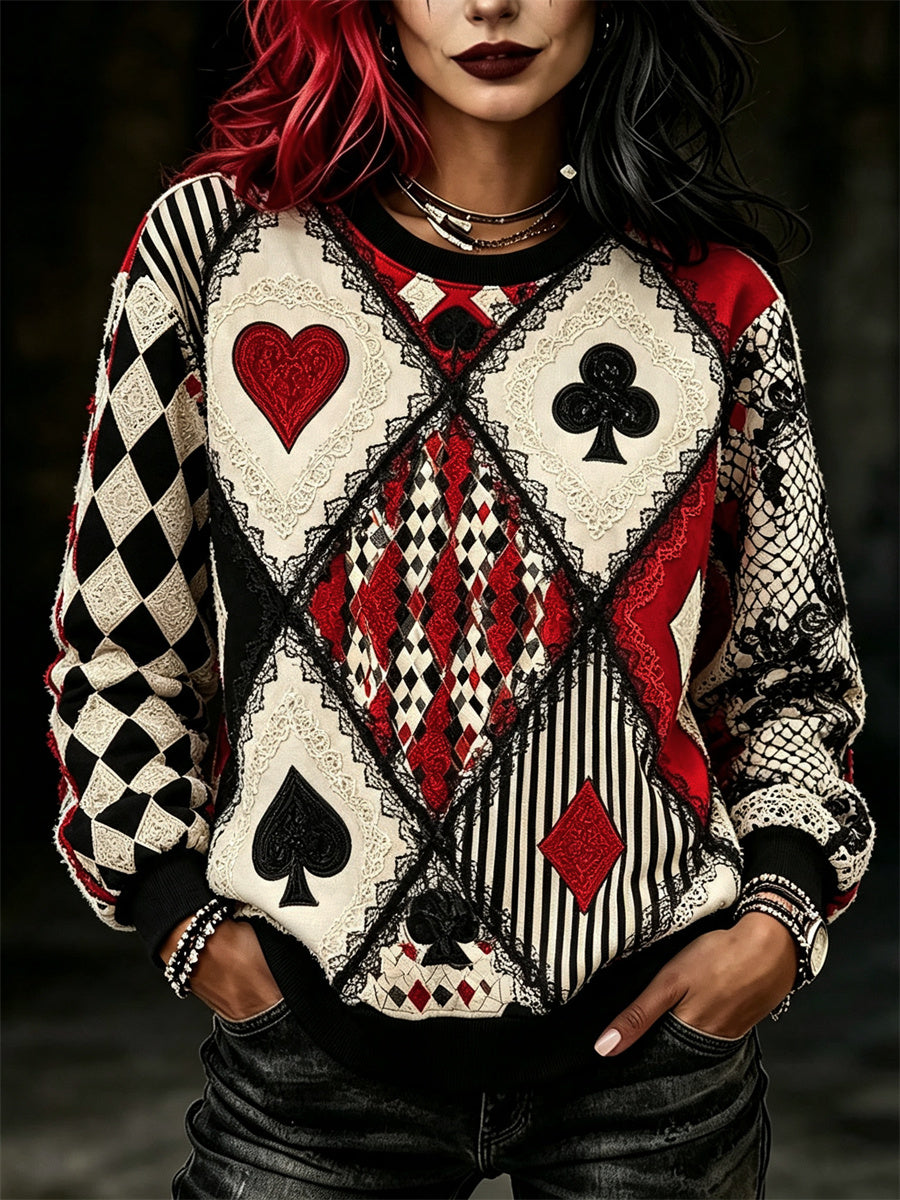 Women's Vintage Jester Inspired Poker Diamond Pattern Print Sweatshirt