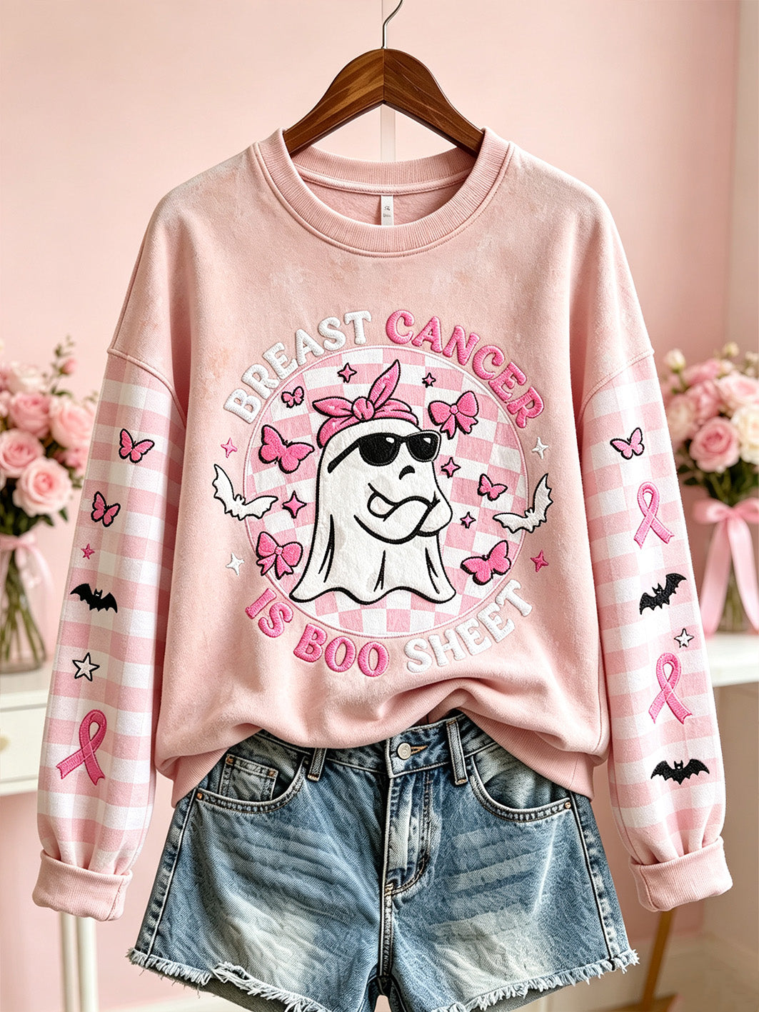 Women's Breast Cancer Theme Halloween Cute Boo Elements Pattern Printed Casual Sweatshirt