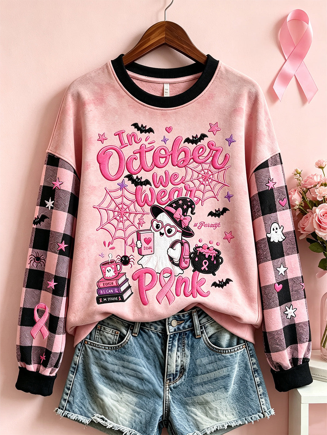 Women's Breast Cancer Theme Halloween Cute Boo Elements Pattern Printed Casual Sweatshirt