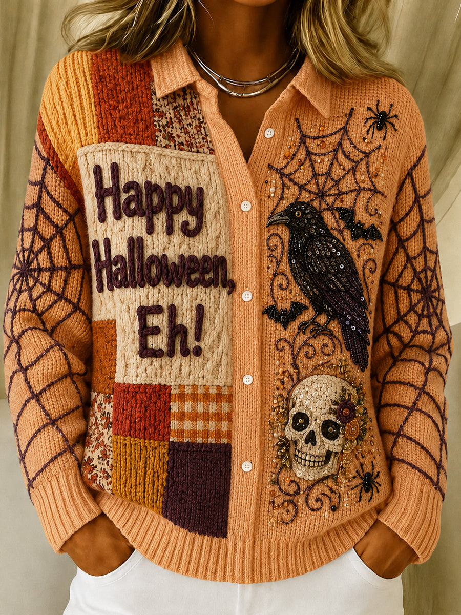 Women's Halloween Artistic Printed Lapel Long Sleeved Cardigan Sweater