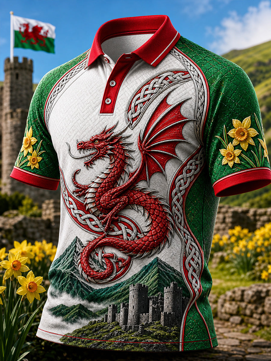 Vintage-Style British Welsh Art Print Casual Polo Shirt