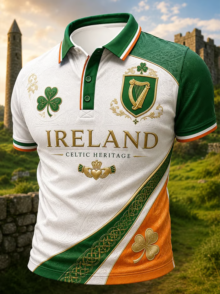 Men's Irish patriotic cultural print polo shirt