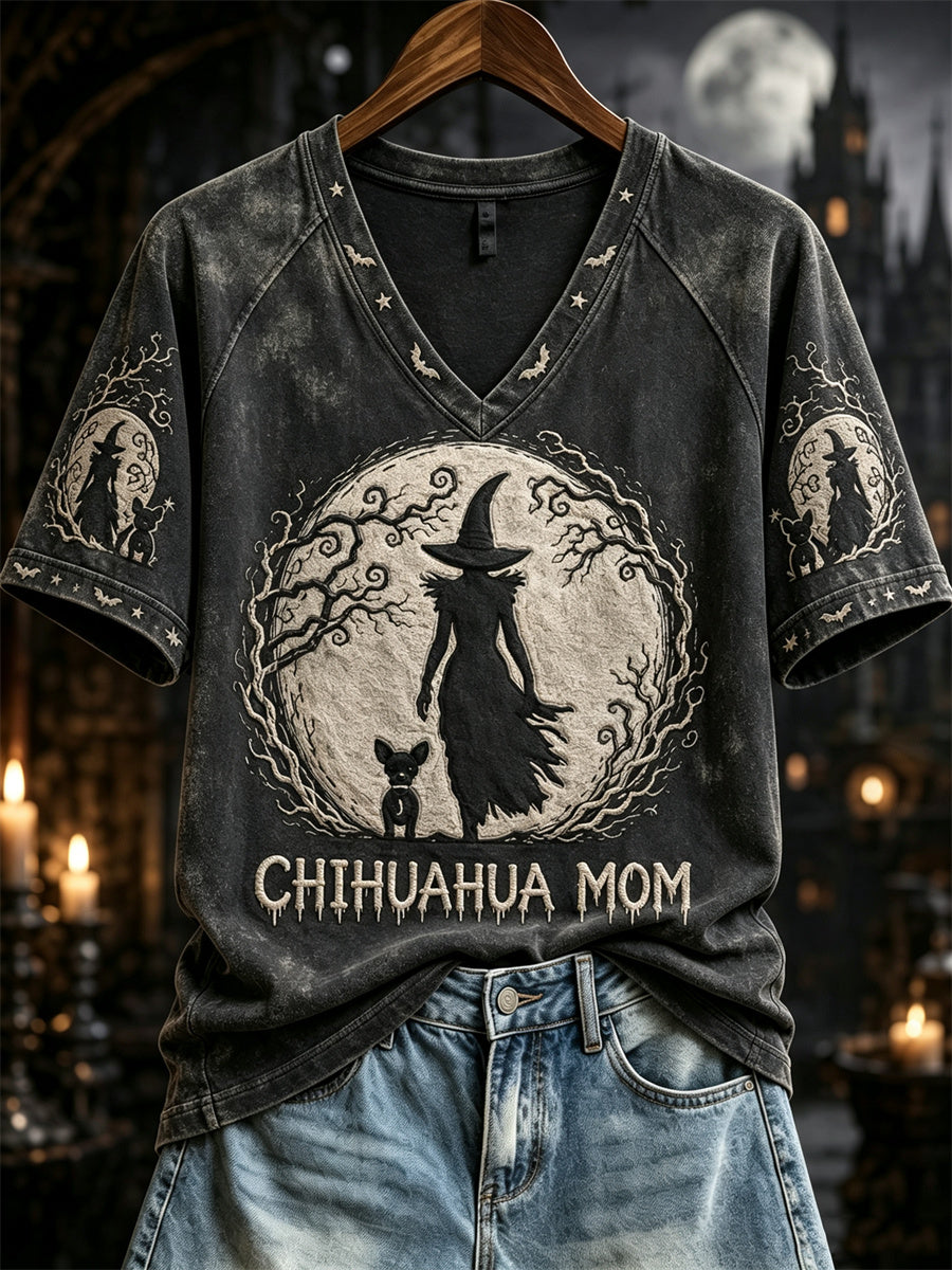 Women's Chihuahua Mom Halloween Night Witch & Chihuahua Dog Print short sleeve T-shirt