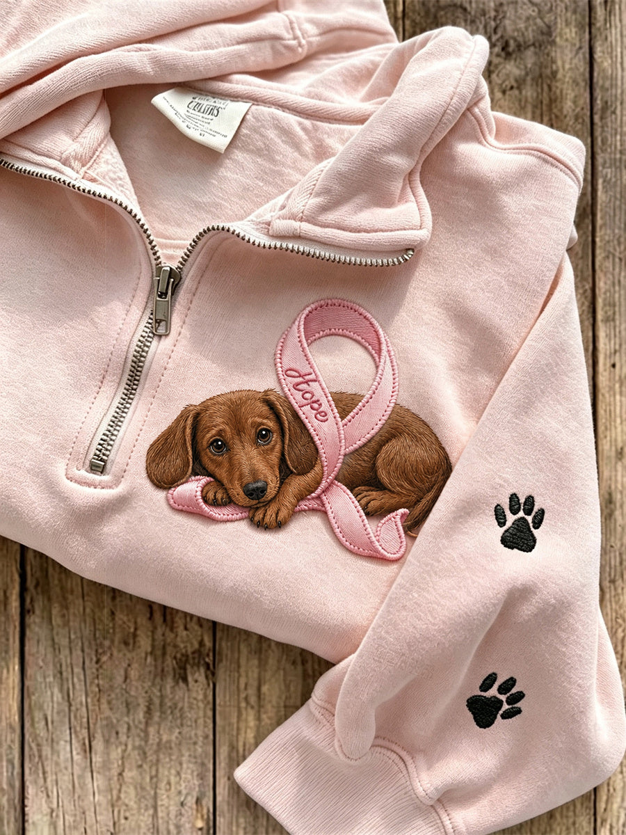 Women's Hope Pink Ribbon Dachshund Dog & Paw Prints Zip Up Sweatshirt