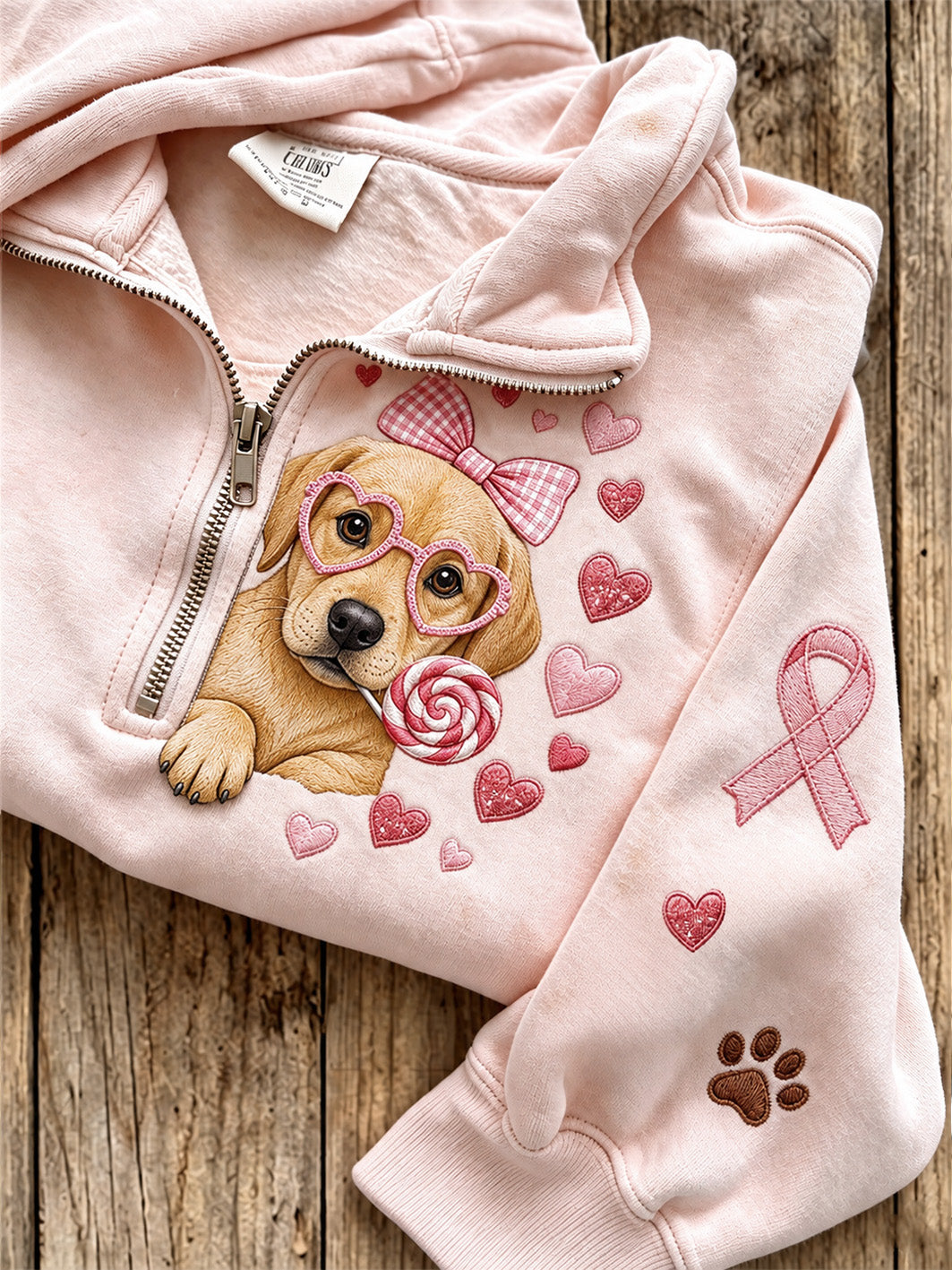 Women's Breast Cancer Themed Cute Dog Pattern Prints Casual Half-Zipper Sweatshirt