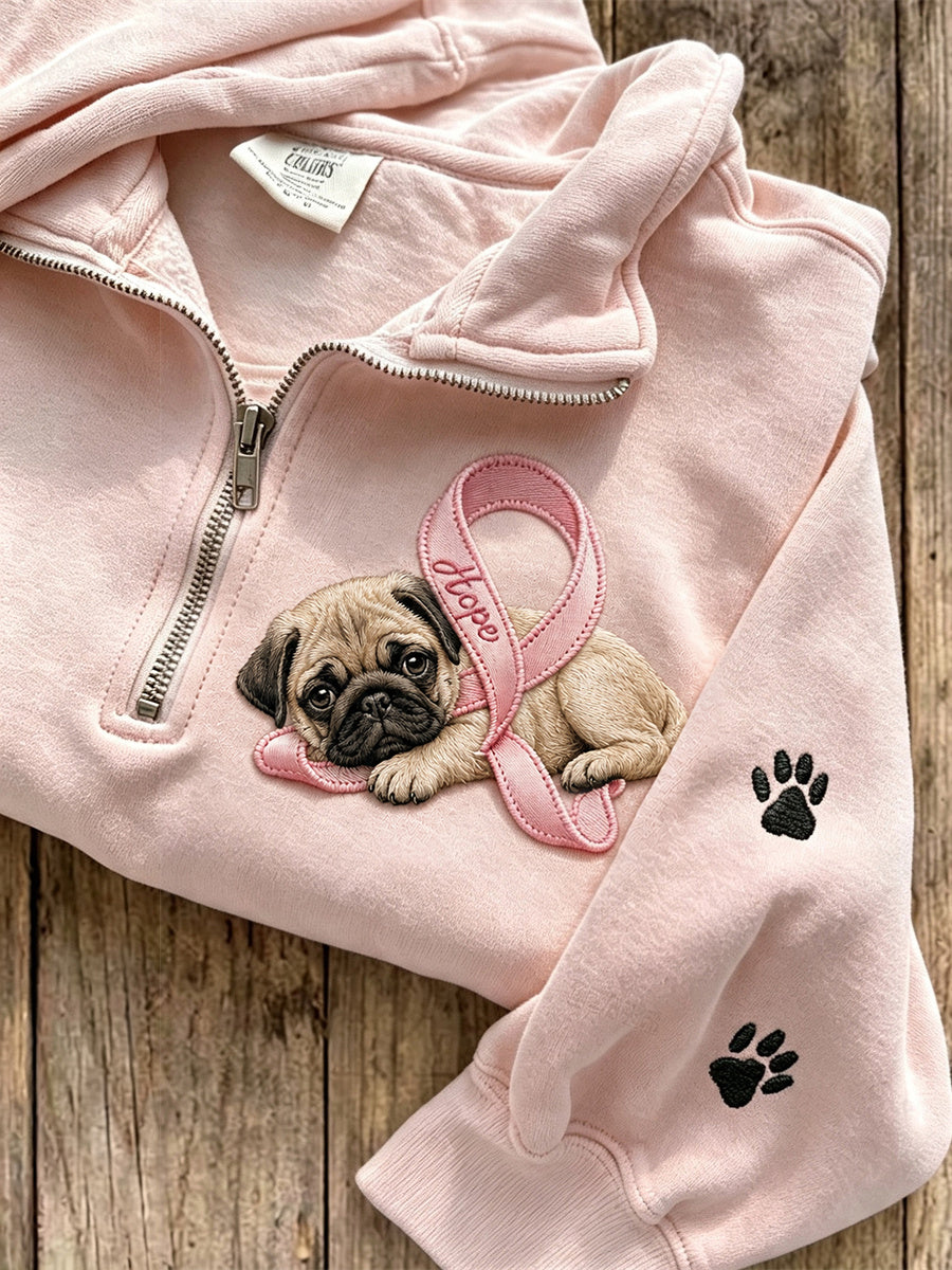 Women's Hope Pink Ribbon Pug Dog & Paw Prints Zip Up Sweatshirt