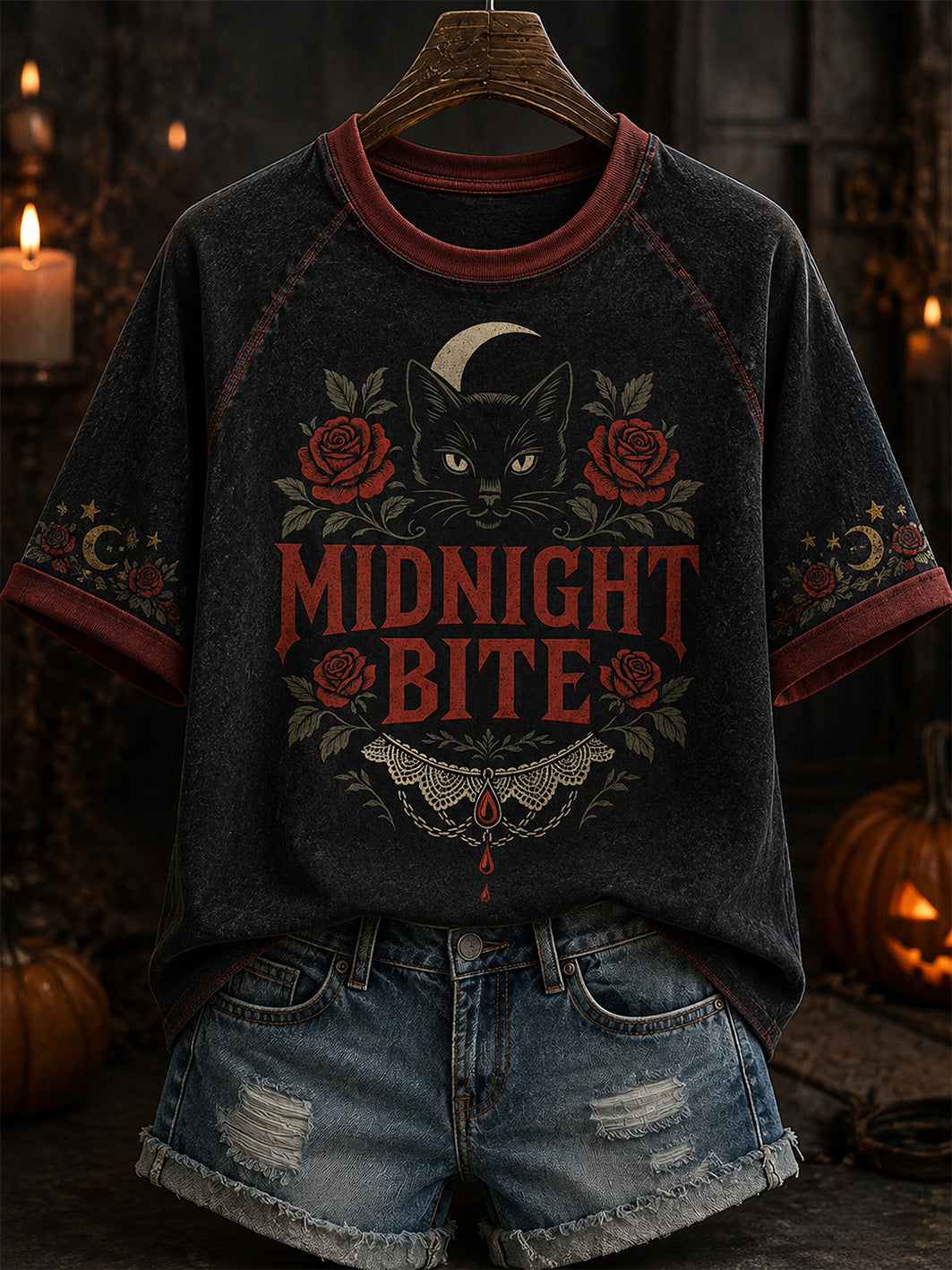 Women's retro Halloween pattern printed casual round neck short sleeve T-shirt