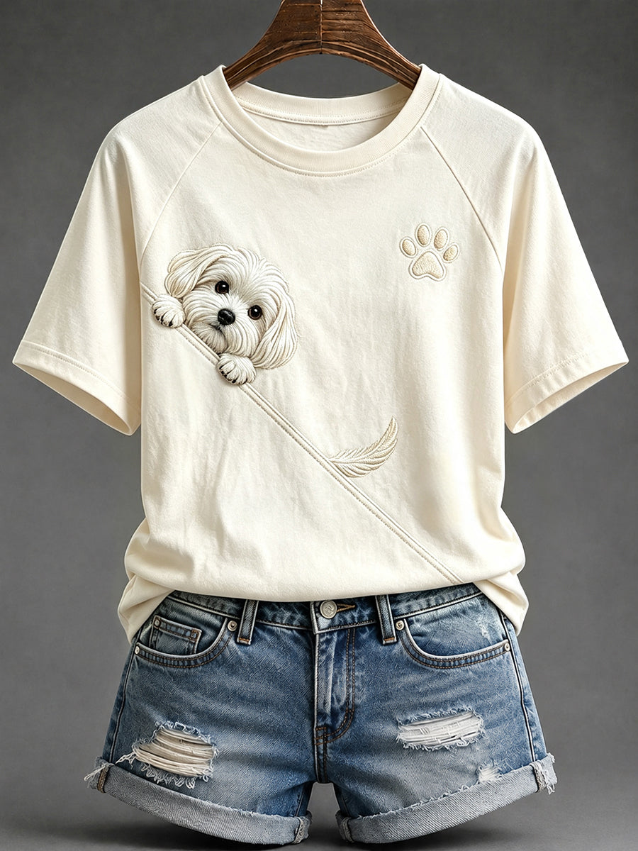 Women's Cute Peeking Maltese Dog with Paw Print Round Neck Short Sleeve T-shirt