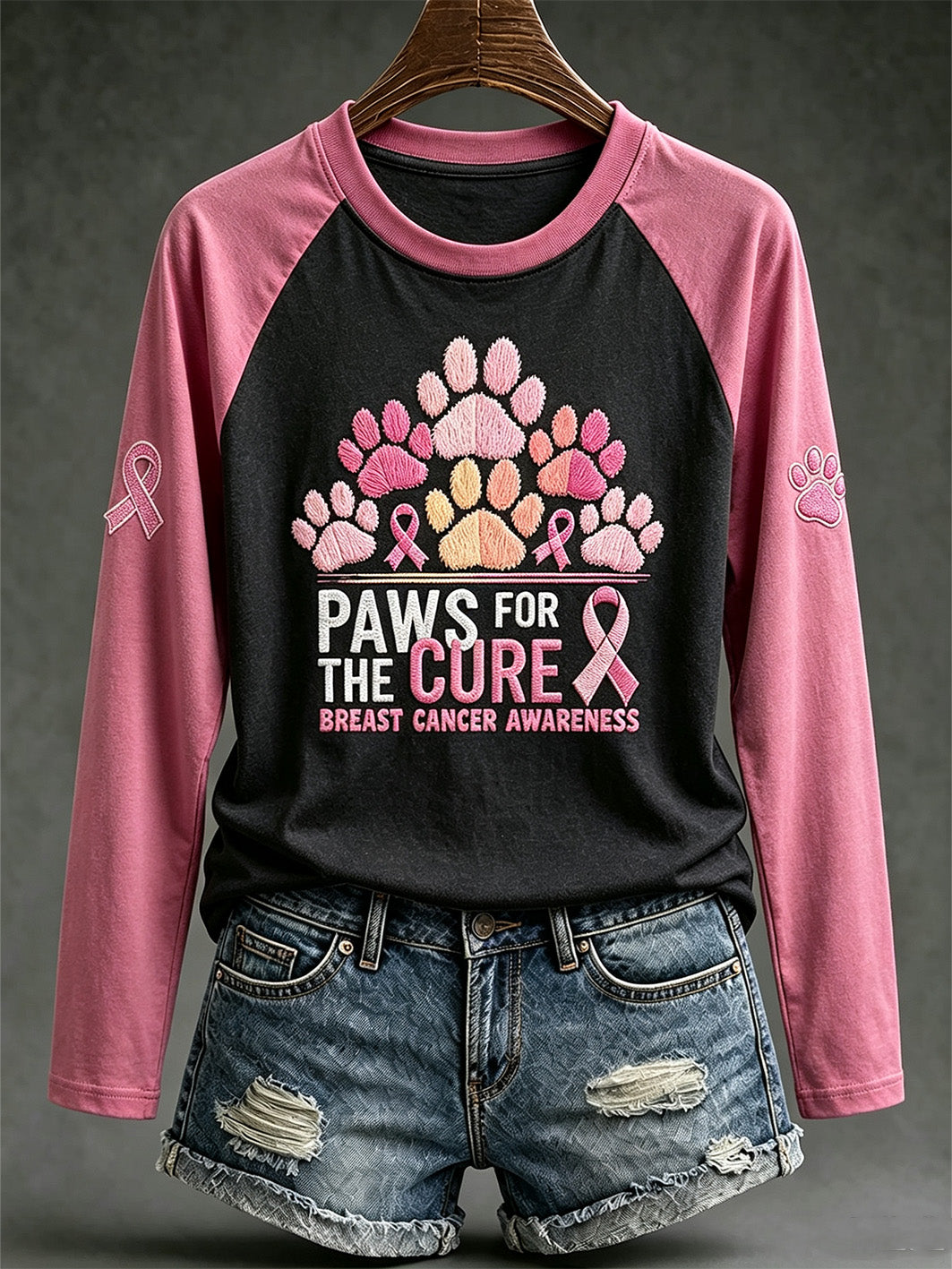 Women's Breast Cancer Themed Cute Dog Paw Pattern Prints Casual Long-sleeved T-shirt
