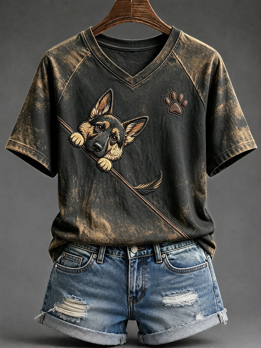 Women's Cute Peeking German Shepherd with Paw Print V-neck Short-sleeved T-shirt
