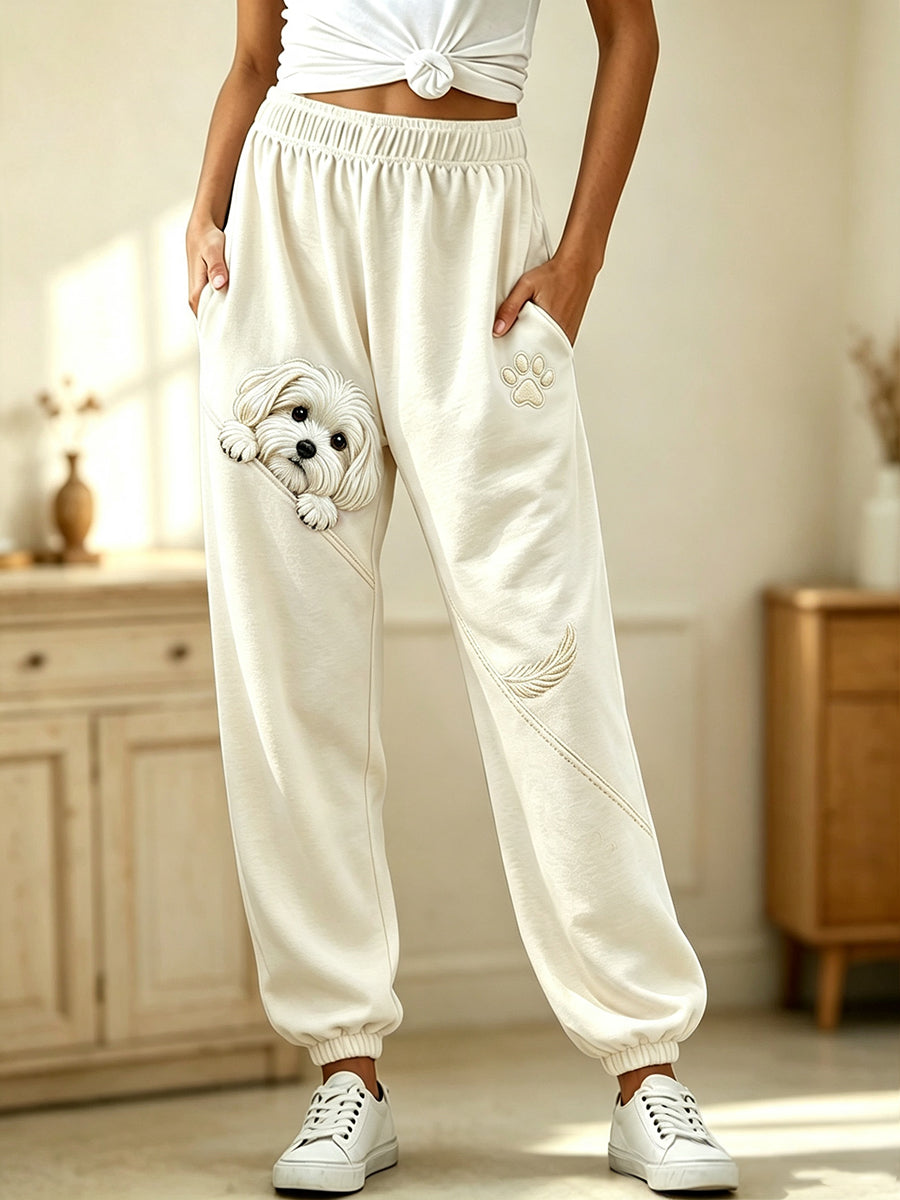 Women's Cute Peeking Maltese Dog with Paw Print Cozy Sweatpants