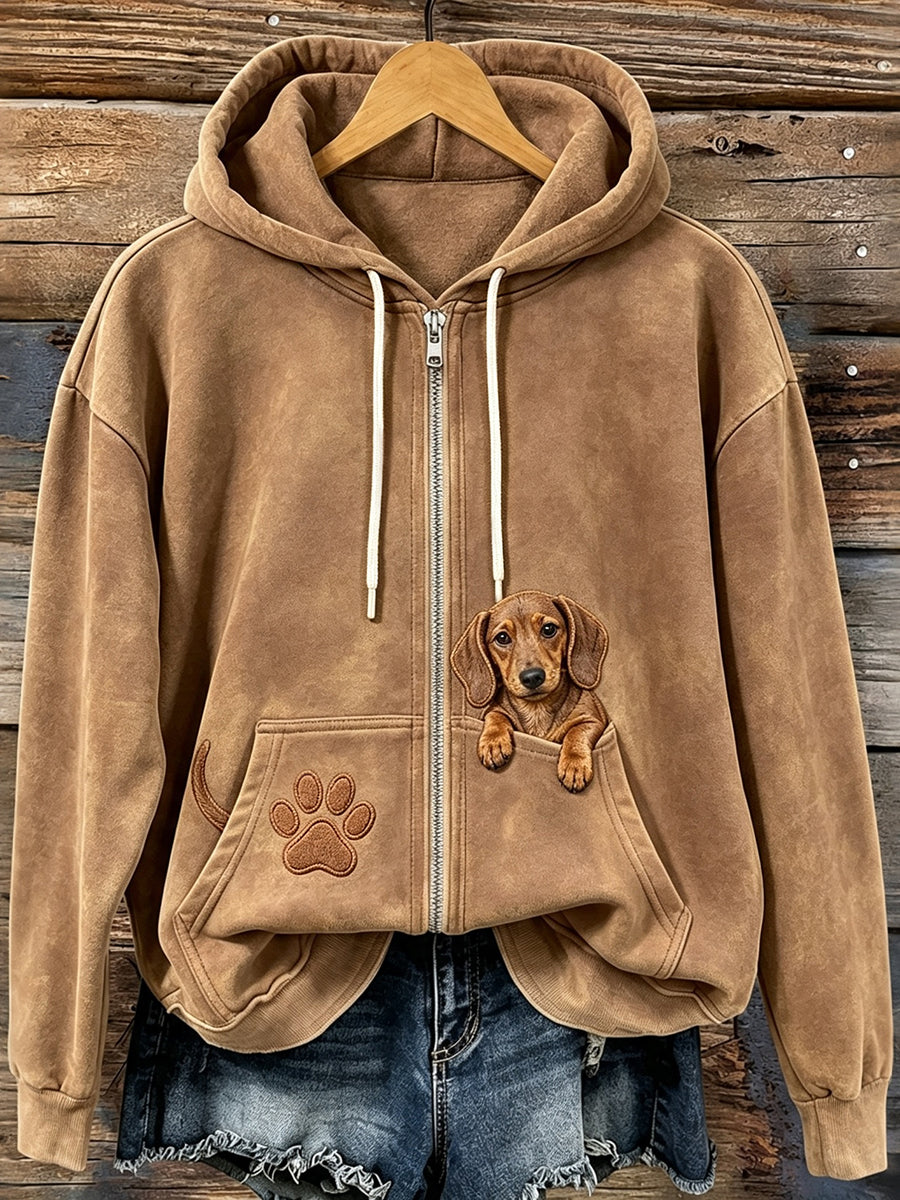 Women's Cute Peeking Dachshund Print Zip-Up Hoodie