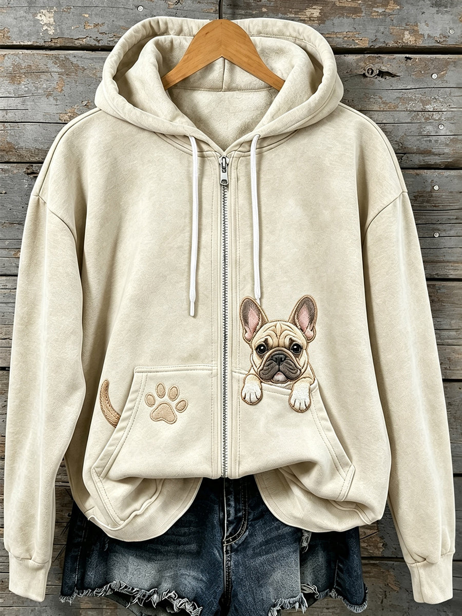 Women's Cute Peeking French Bulldog Print Zip-Up Hoodie