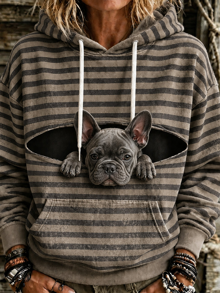 Women's Cute Peeking French Bulldog Striped Print Comfy Hoodie
