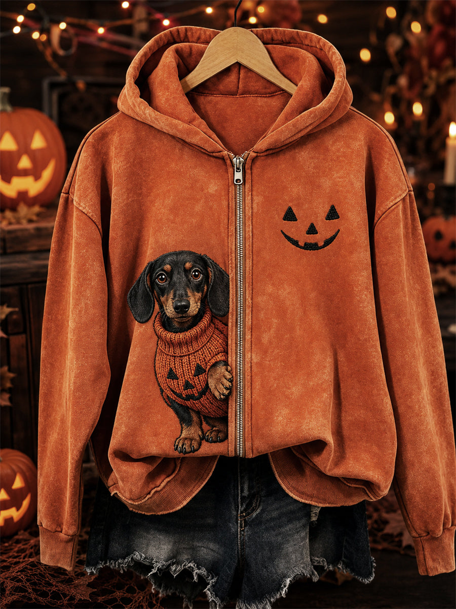 Women's Halloween Peeking Dachshund Dog & Pumpkin Face Print Full Zip Hoodie