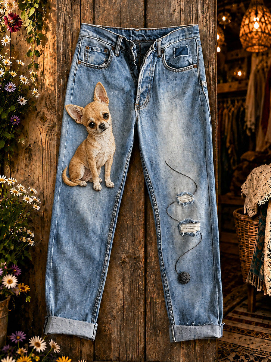 Women's Casual Jeans with Vintage Animal Art Print