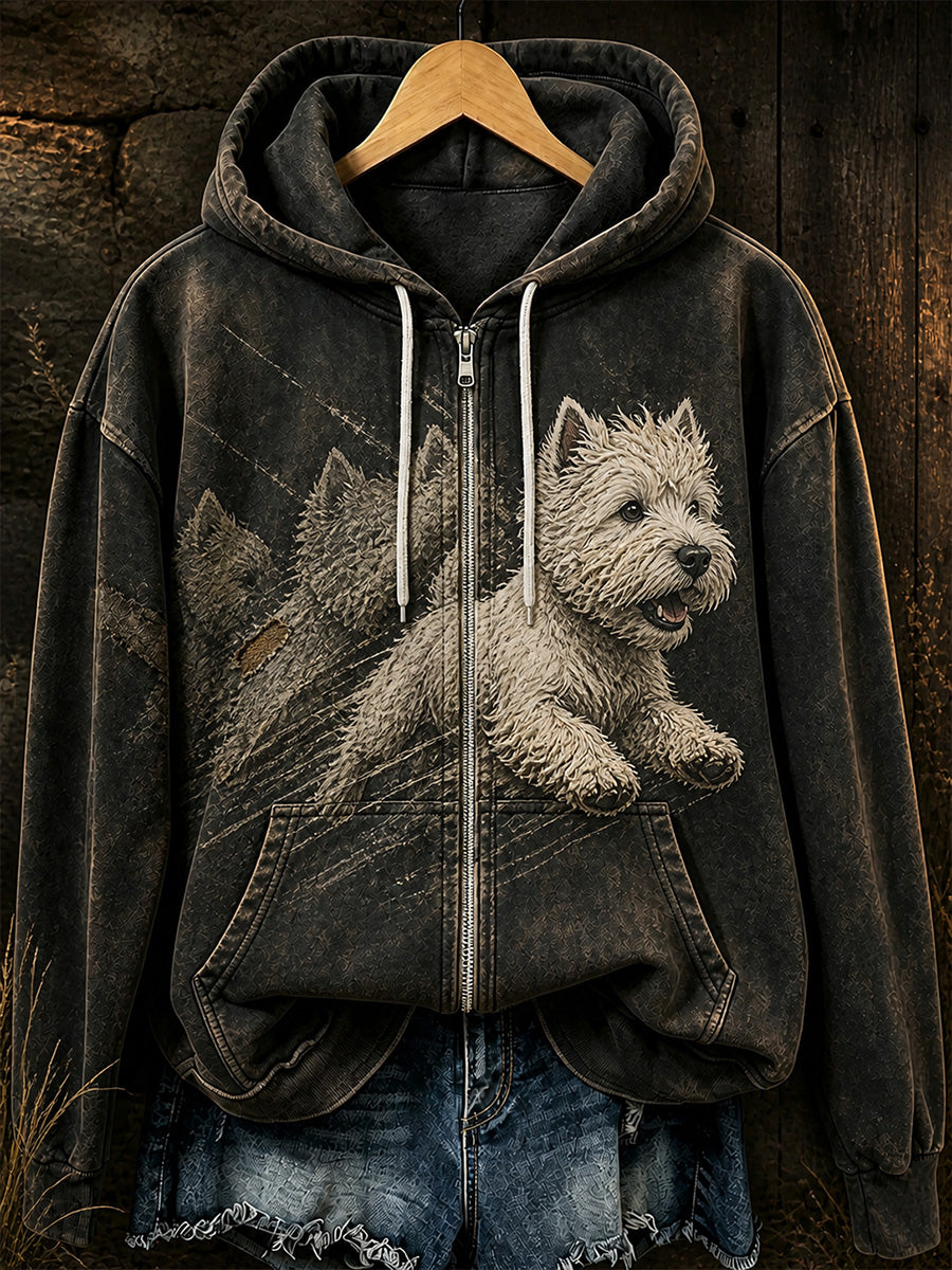 Retro Animal Art Print Casual Zip-Up Hoodie