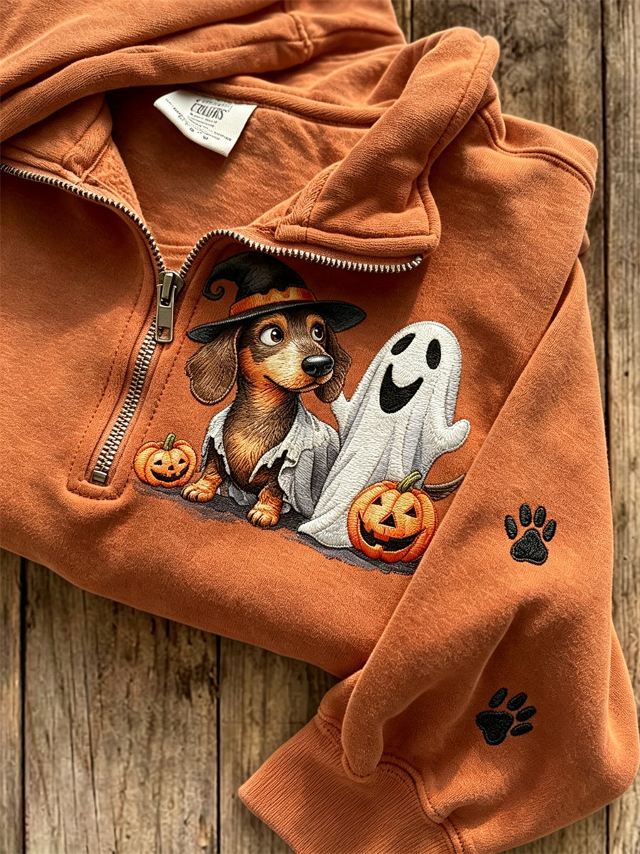 Women's Halloween Dachshund Dog & Ghost Print Zip Up Sweatshirt