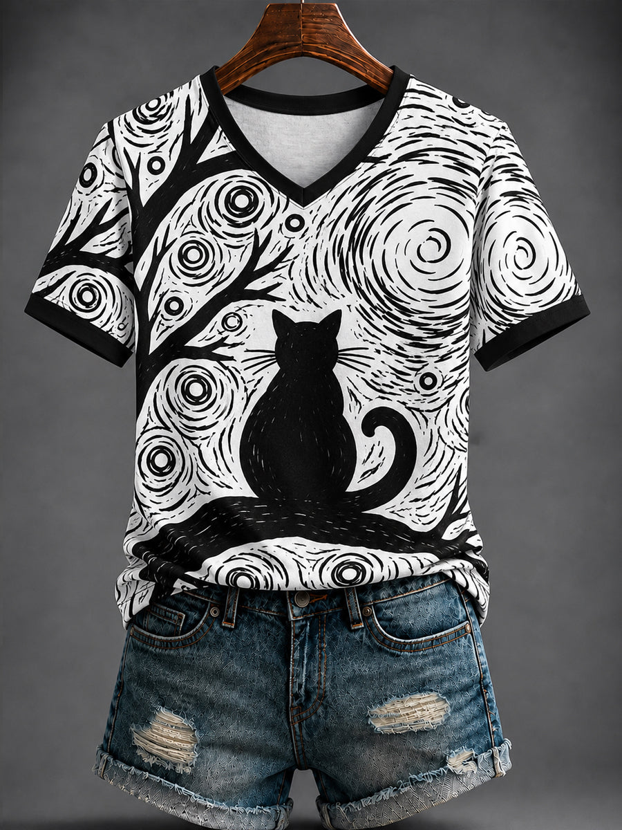 Women's Cat Printed V-neck T-shirt