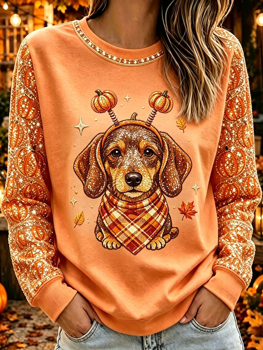 Women's Halloween Cute Animals Dog Printed Crew Neck Casual Long T-shirt