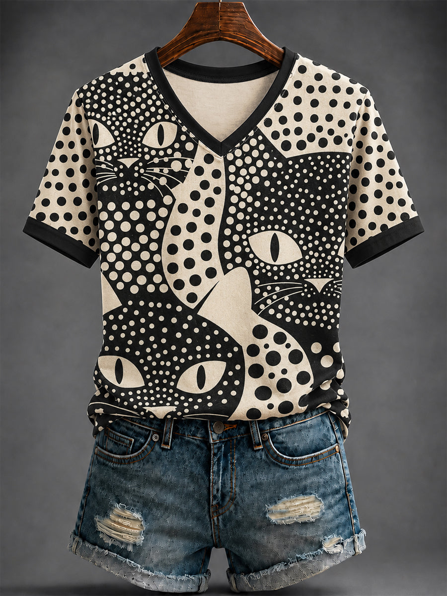 Women's Cat Printed V-neck T-shirt