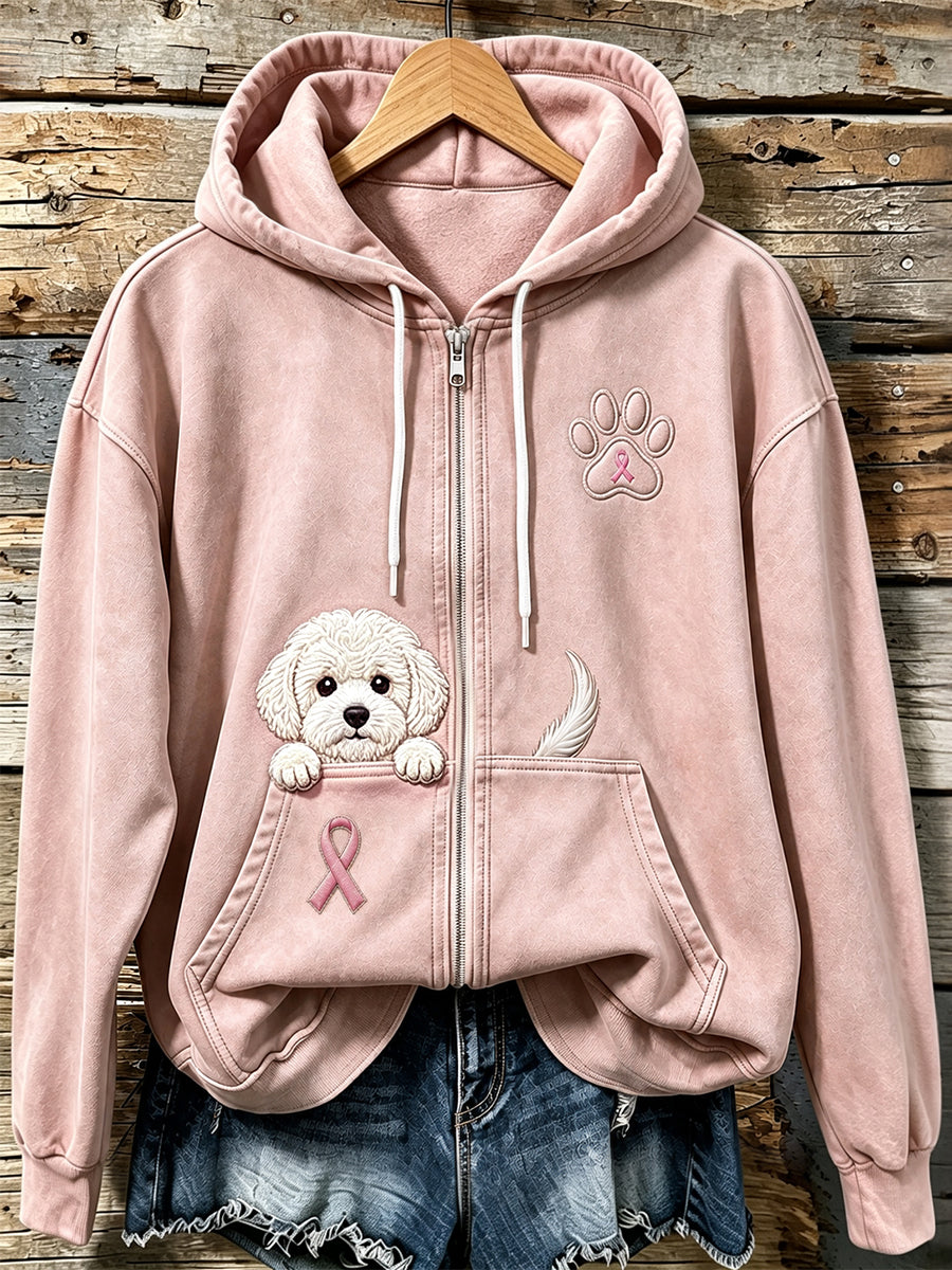 Women's Peeking Bichon Frise & Pink Ribbon Paw Print Zip-Up Hoodie