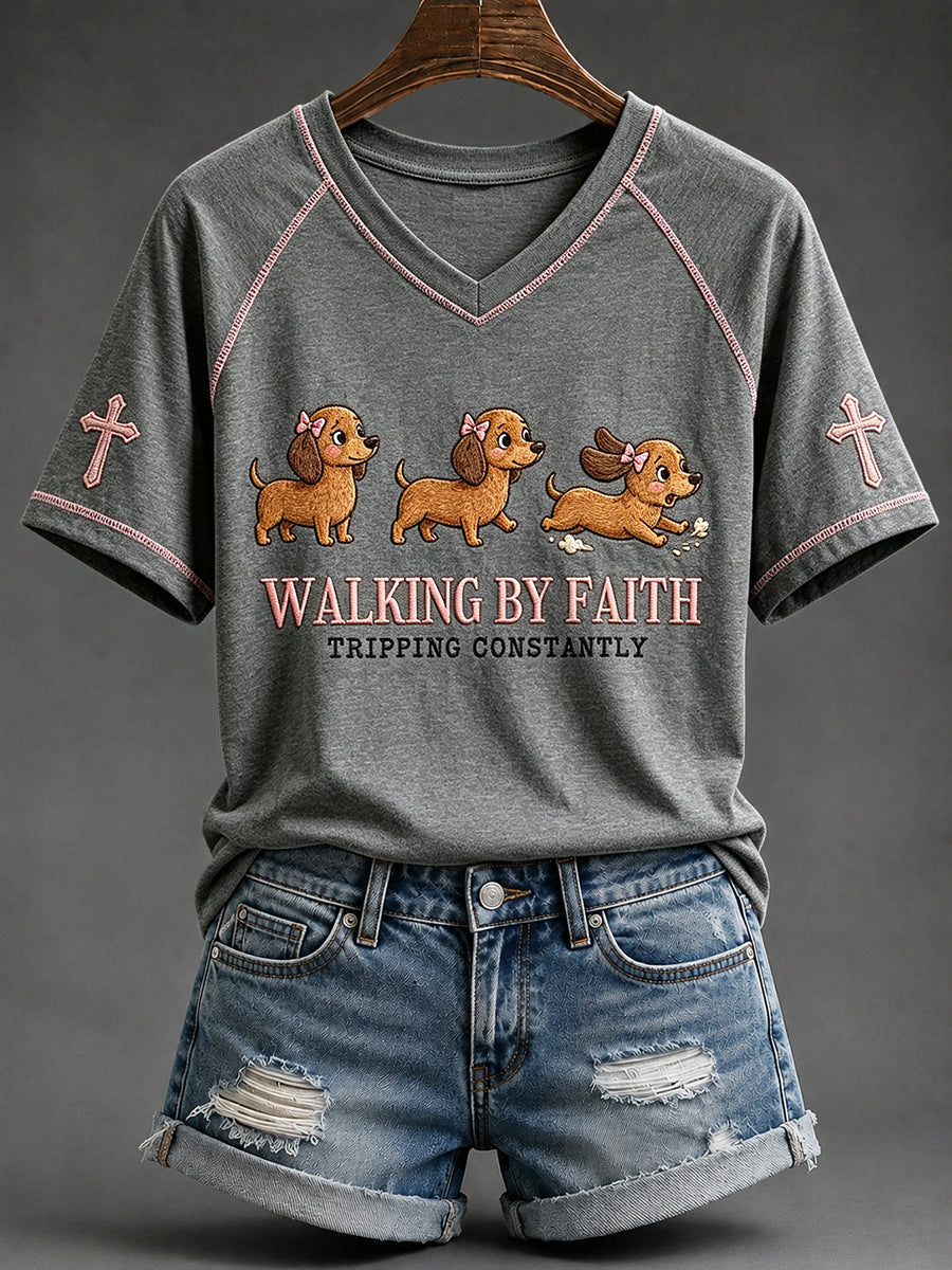 Women's Walking by Faith Dachshund Print V-neck Short-sleeved T-shirt