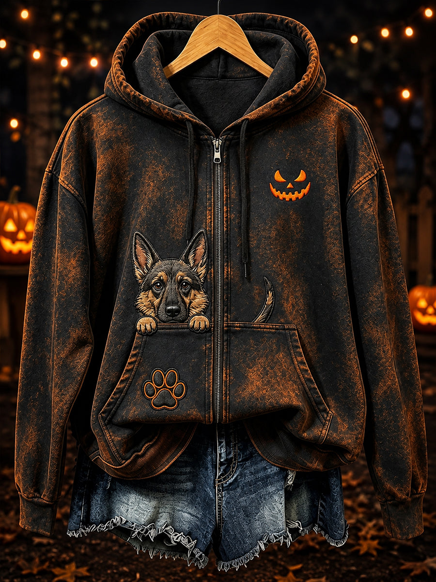 Women's Peeking German Shepherd & Halloween Pumpkin Face Print Zip-Up Hoodie
