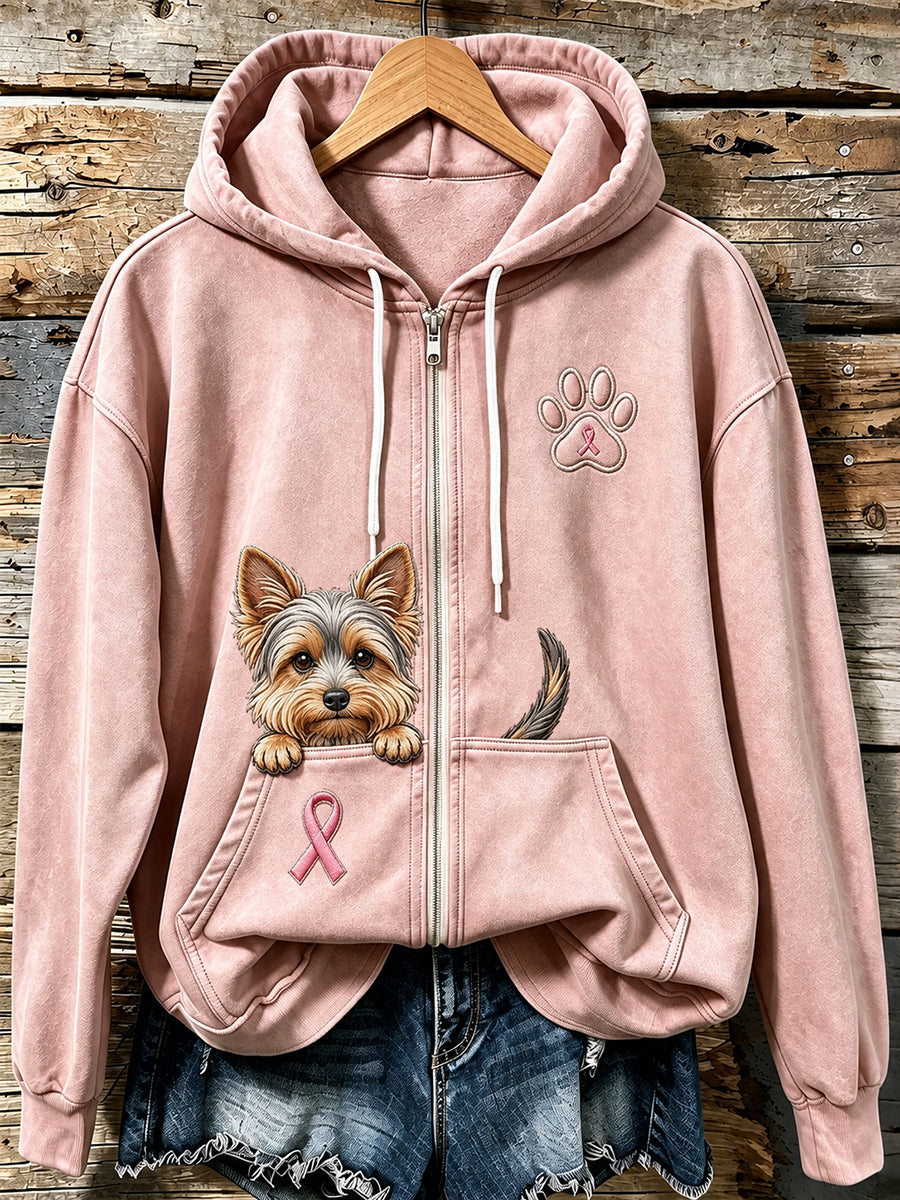 Women's Peeking Yorkshire Terrier & Pink Ribbon Paw Print Zip-Up Hoodie