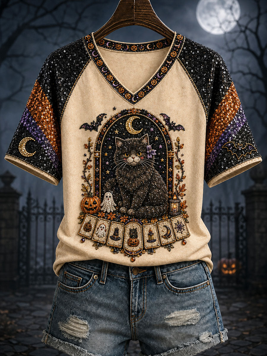 Women's Halloween Black Cat Mahjong V-Neck T-Shirts
