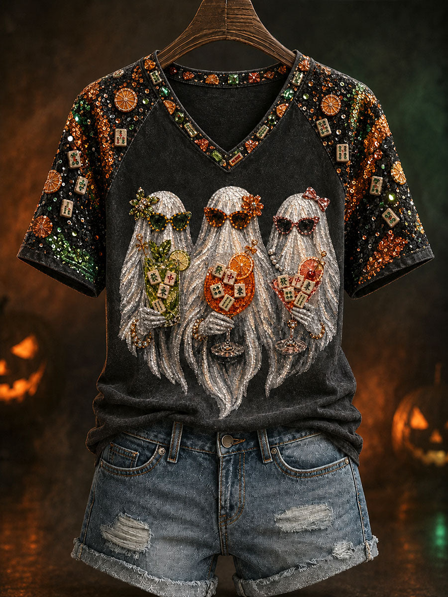 Women's Halloween Ghosts Mahjong V-Neck T-Shirts