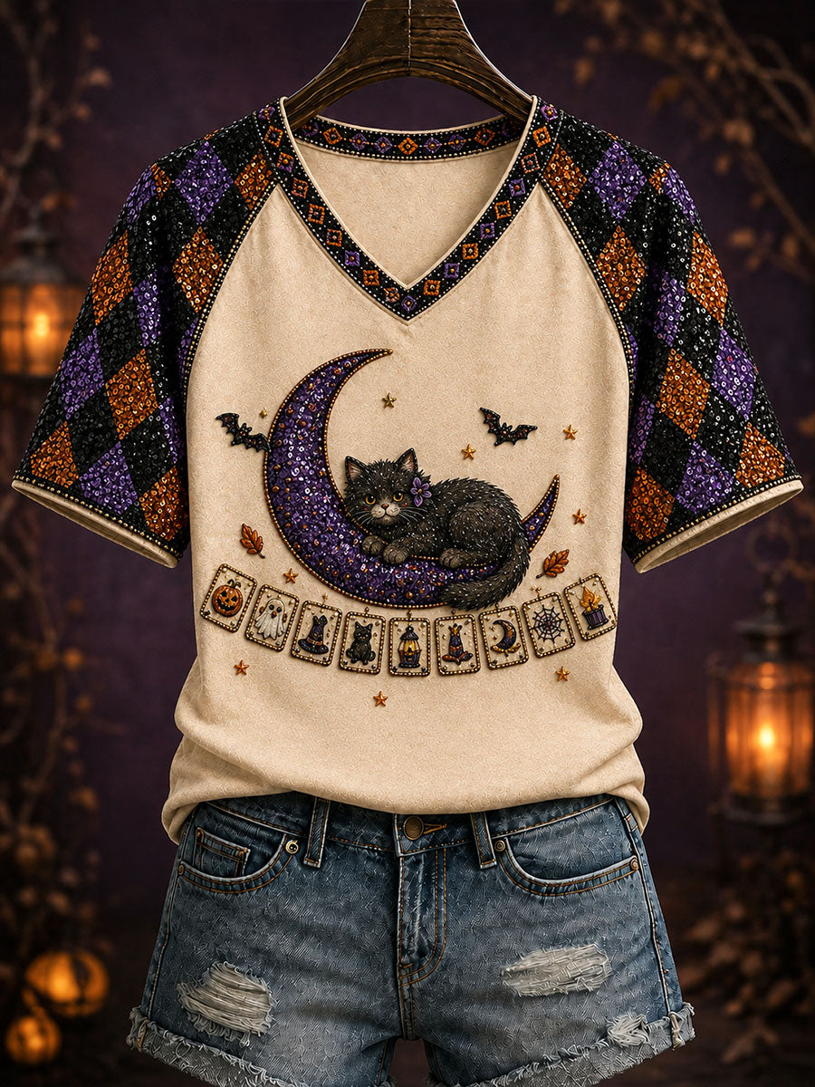 Women's Halloween Black Cat Mahjong V-Neck T-Shirts