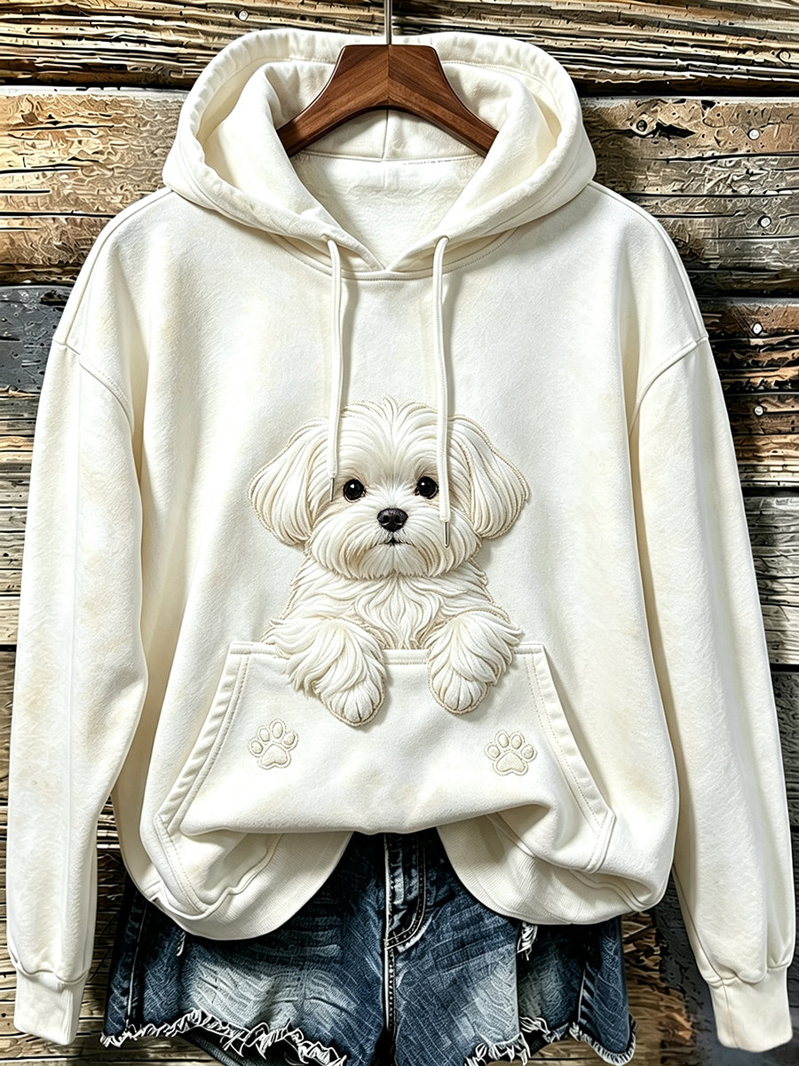 Women's Cute Peeking Maltese Dog & Paws Print Cozy Hoodie