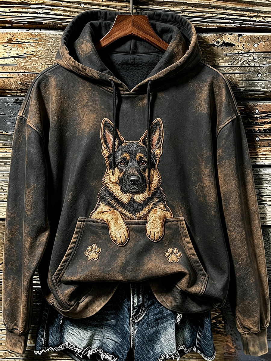 Women's Cute Peeking German Shepherd & Paws Print Cozy Hoodie