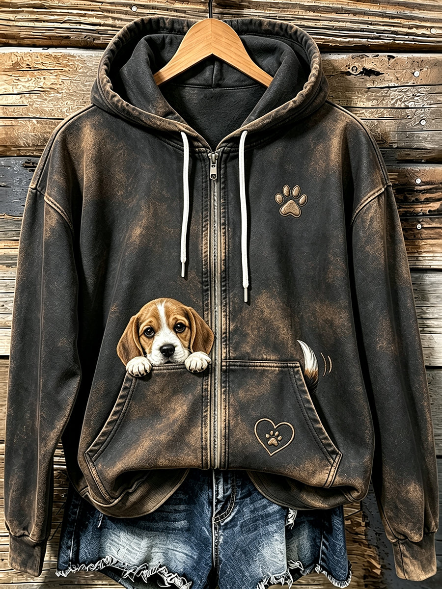 Women's Cute Peeking Beagle & Paw Print Cozy Zip-Up Hoodie