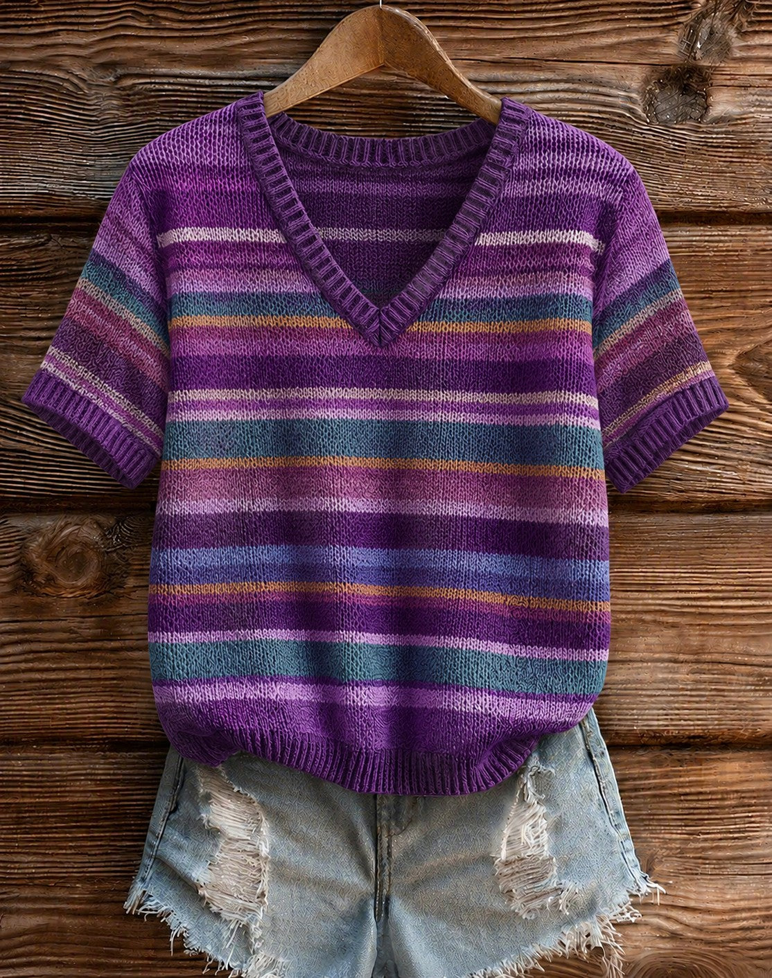 Women's Purple Stripe Alzheimer's Disease Printed V-neck T-shirt