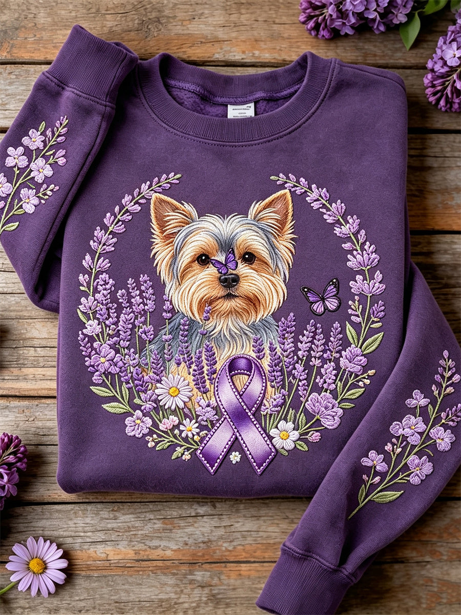 Women's Yorkshire Dog Purple Ribbon Lavender Floral Print Sweatshirt