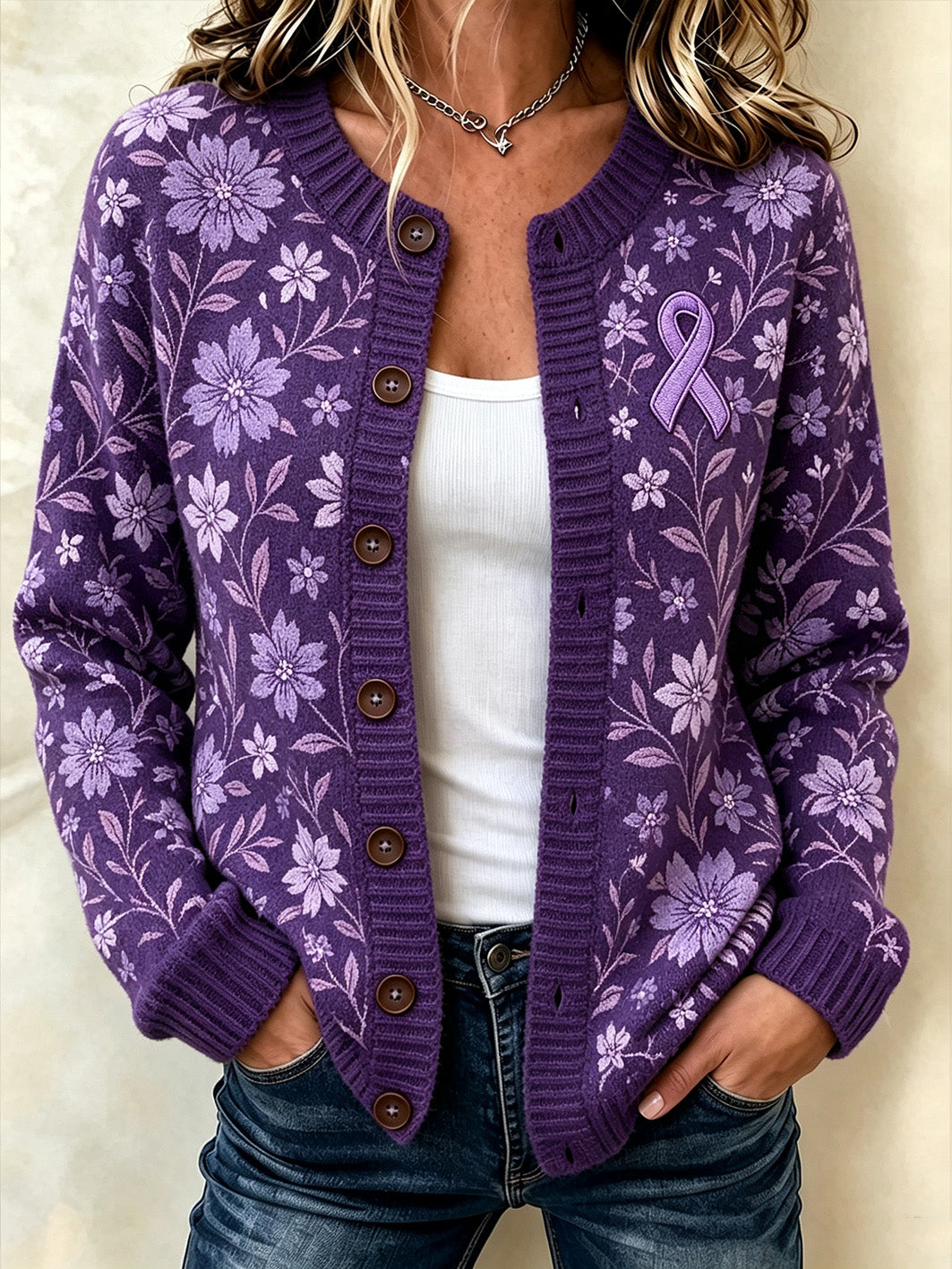 Women's purple floral and purple charity ribbon pattern design casual cardigan-style knit jacket