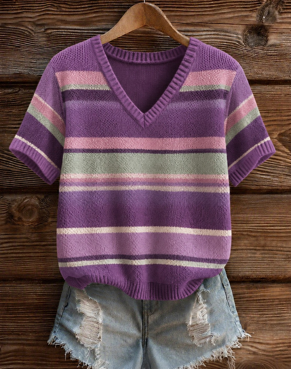 Women's Purple Stripe Alzheimer's Disease Printed V-neck T-shirt