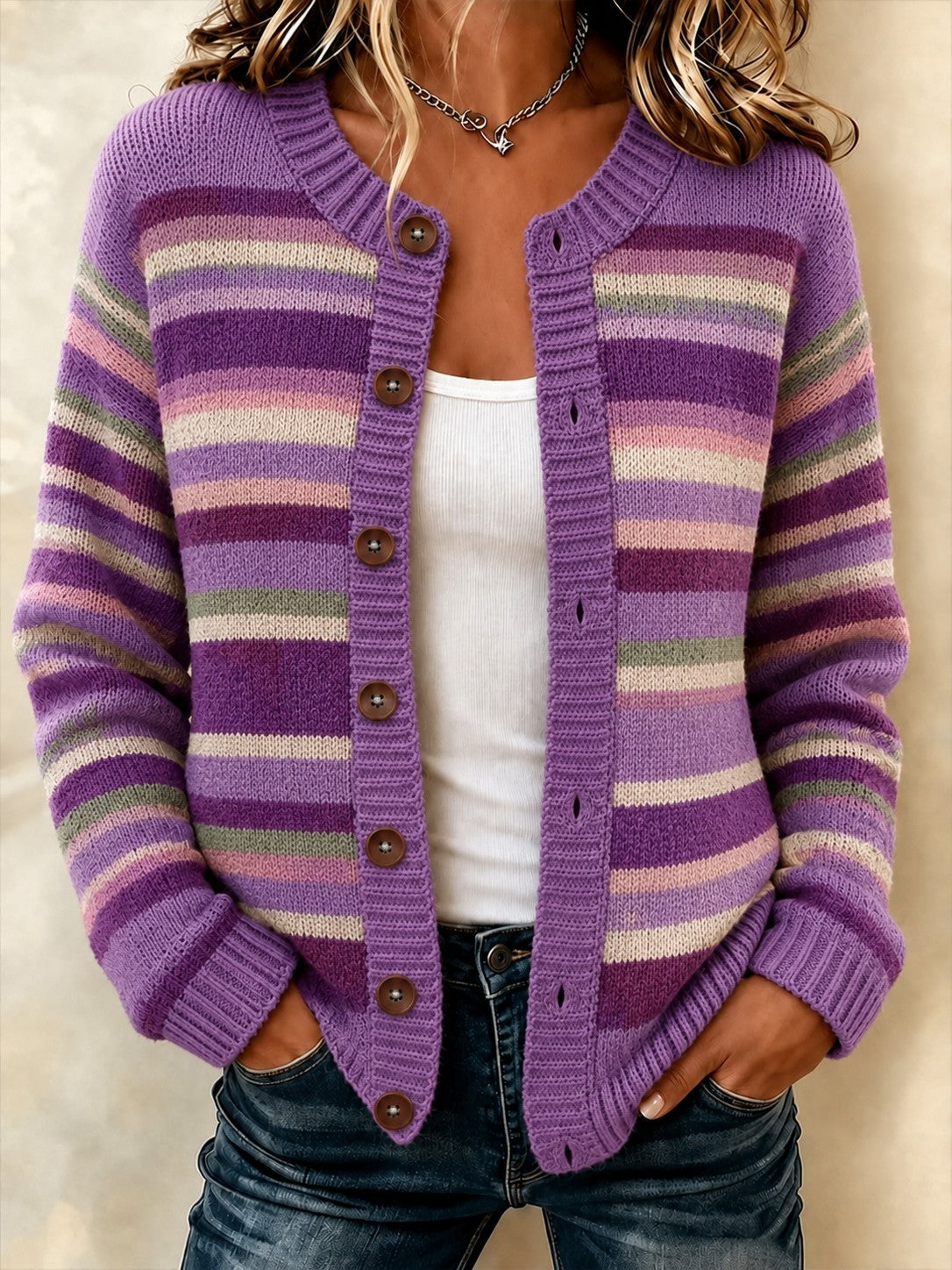 Women's Purple Stripe Alzheimer's Disease Printed Cozy Cardigan