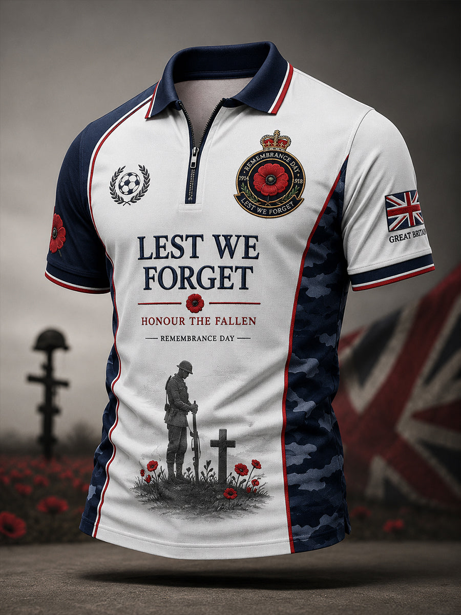 Men's Short-Sleeve Zip-Front Polo Shirt With Remembrance Day Themed Print