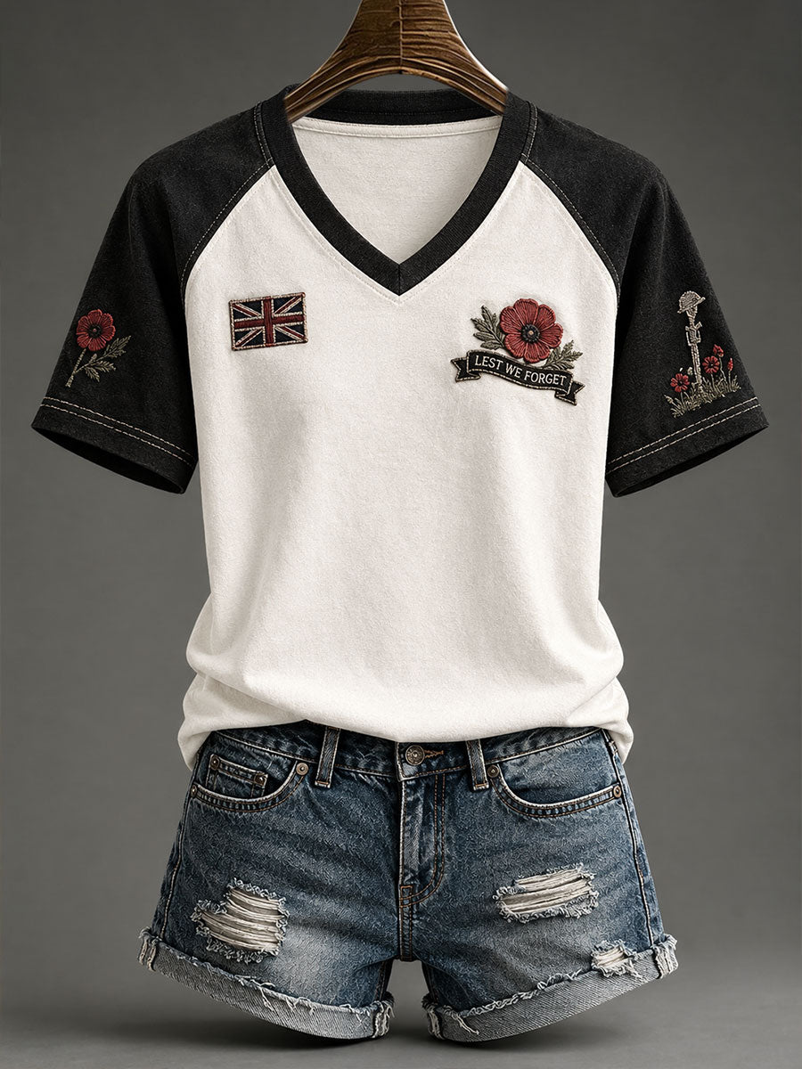 Women's Lest We Forget Print V-neck T-shirt