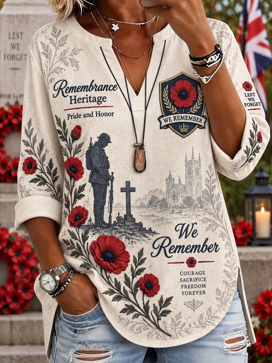 Women's Remembrance Day Print V-Neck Long-Sleeve Top
