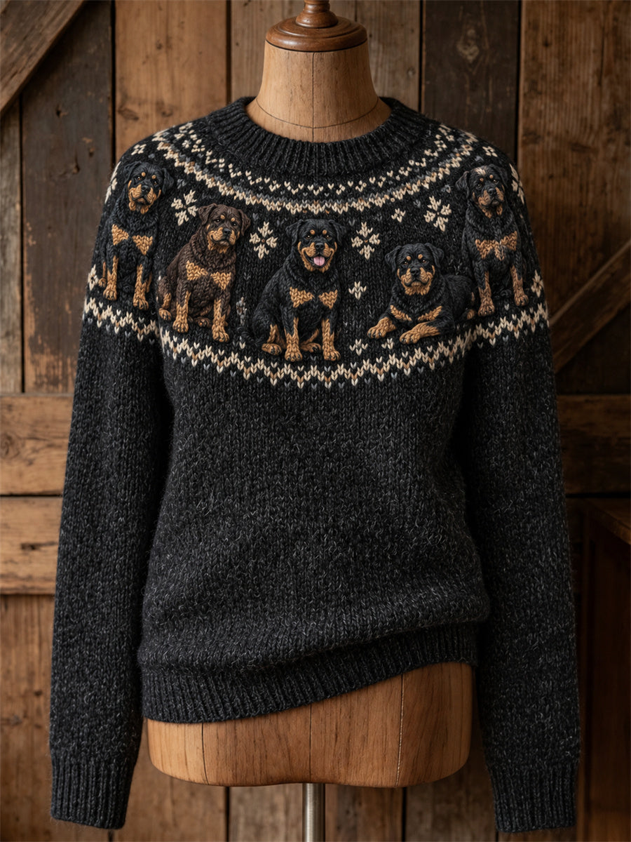 Women's Vintage Rottweiler Dogs Yoke Isle Print crew neck sweater