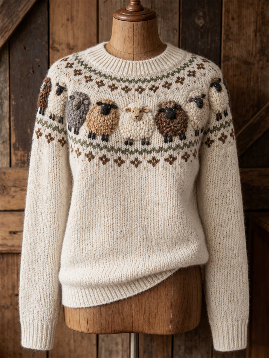 Women's Vintage Fuzzy Sheep Yoke Isle Print crew neck sweater
